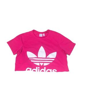 Adidas Womens Crew Neck Short Sleeve Pullover Cropped T-Shirt Tee Pink Large